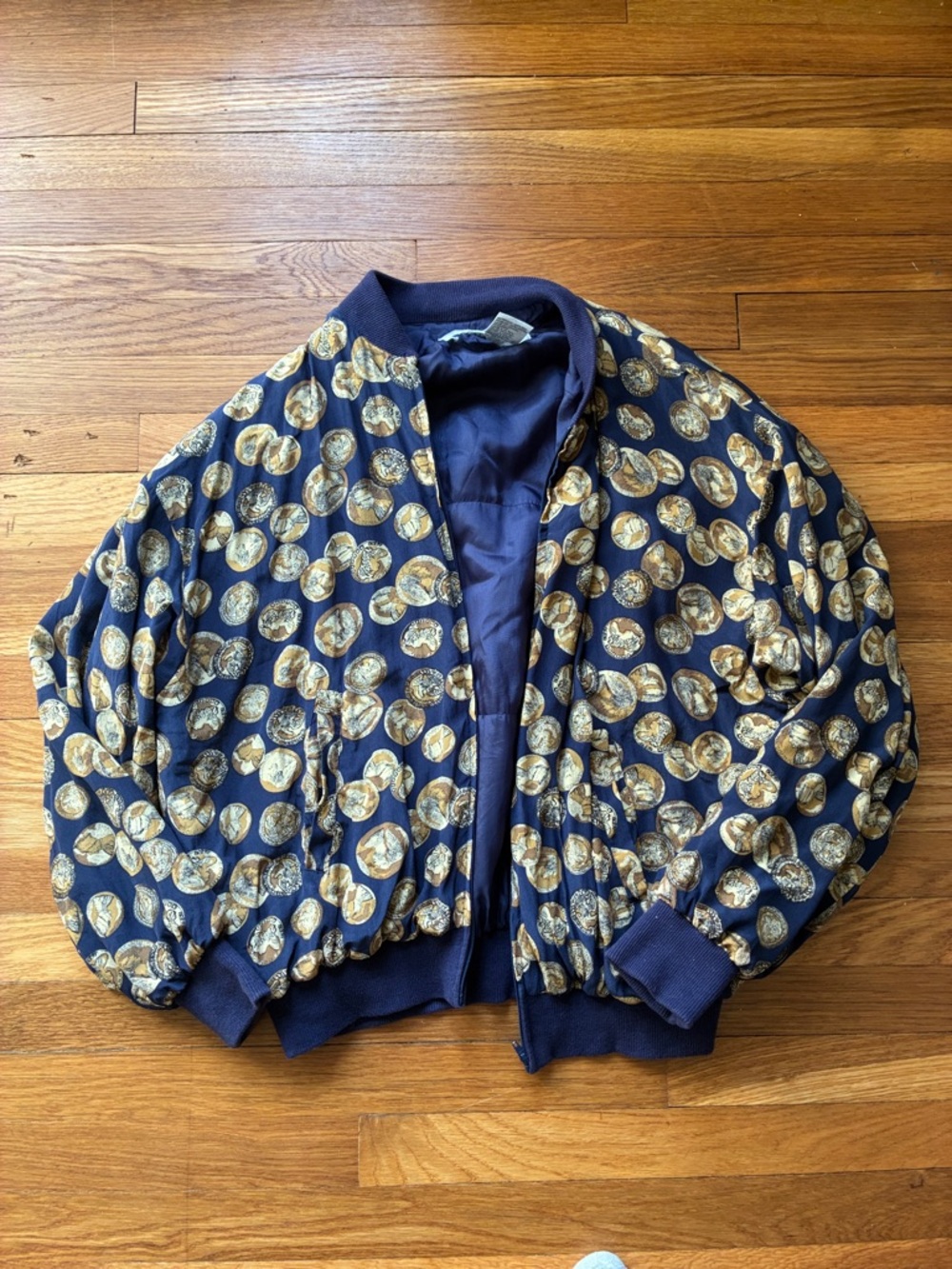 Women's Navy Bomber Jacket with Gold coins Print SLB by Sunny Leigh size small